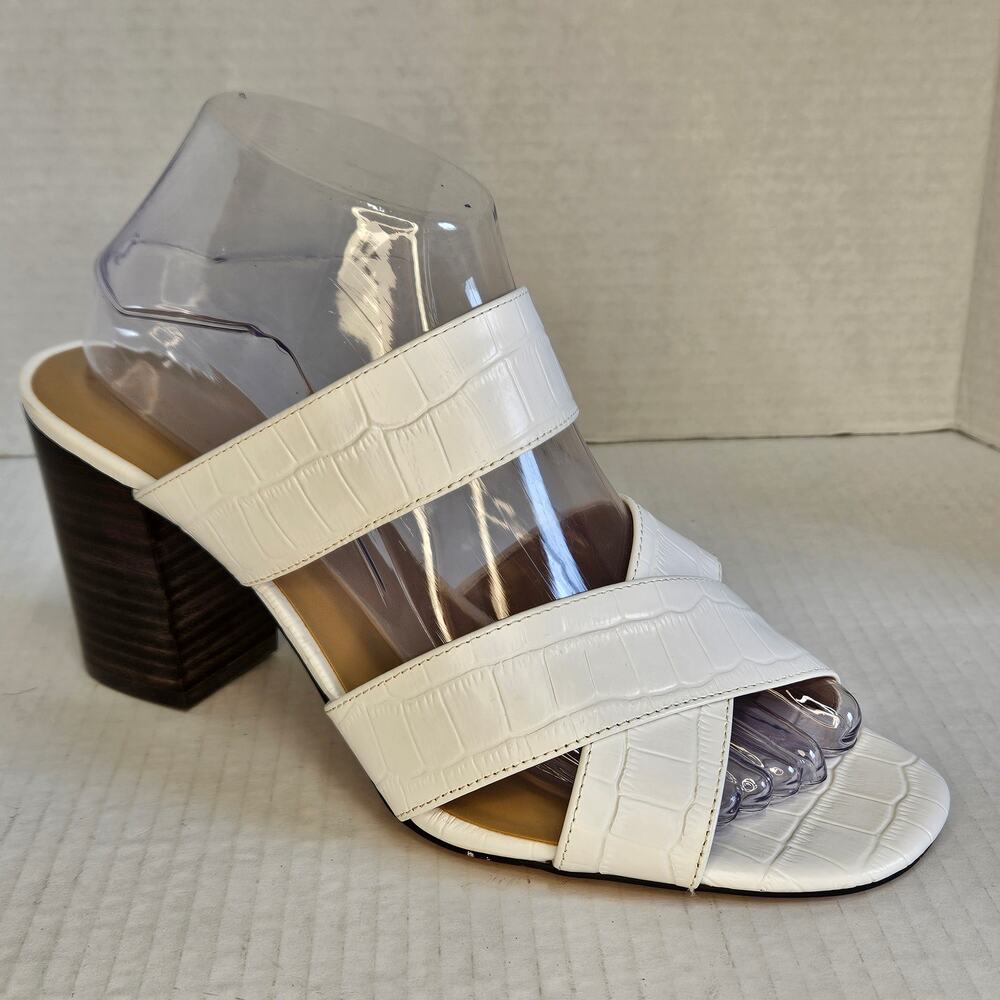 Ann Taylor‎ White Leather Croc Embossed Sandals With Stacked Block Heel Size 9M